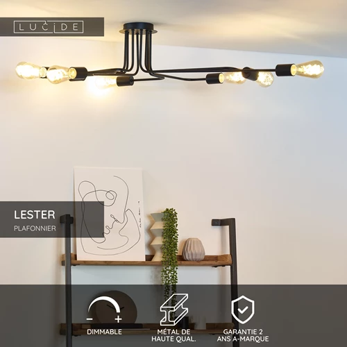 Lucide LESTER - Plafonnier - 8xE27 - Noir - USP